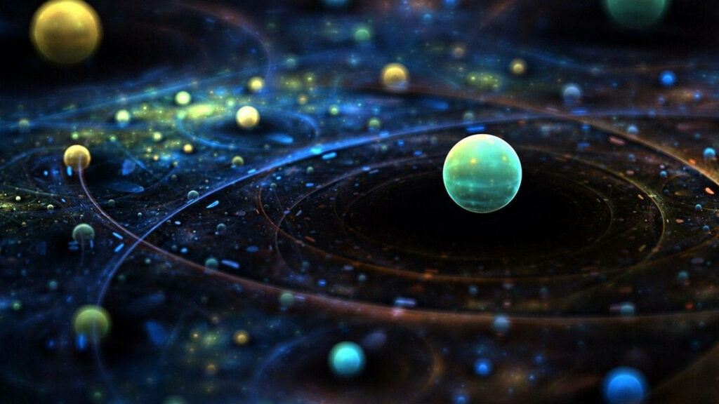 Stunning HD space wallpaper of miniature planets and glowing orbs in a vibrant cosmic expanse.