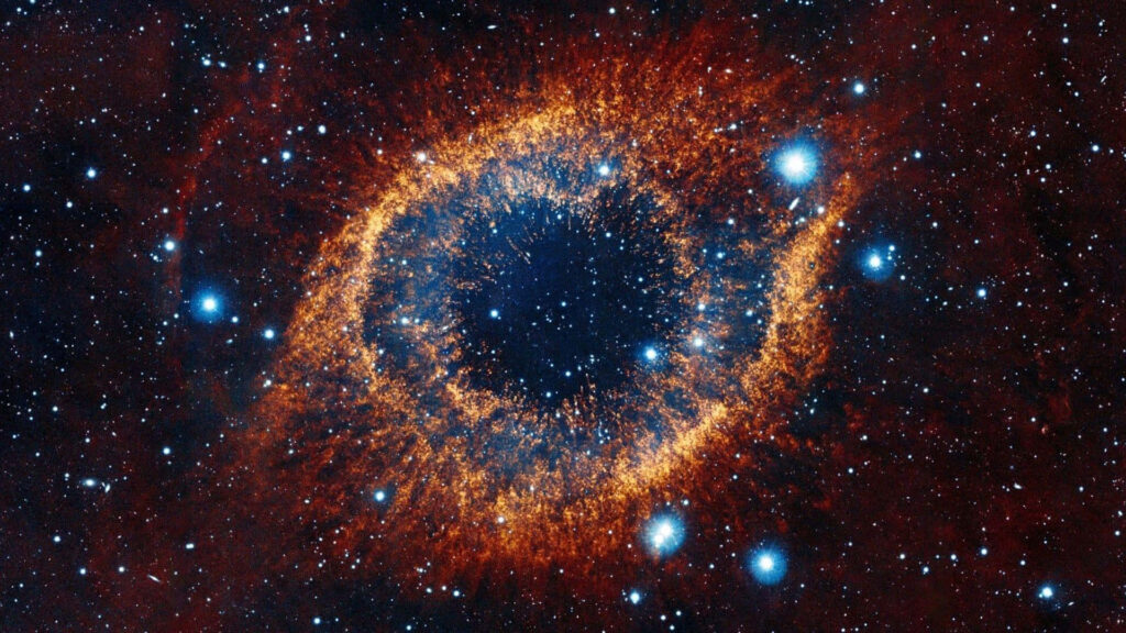 Vivid nebula eye in cosmic scene surrounded by glowing stars, perfect wallpaper background.