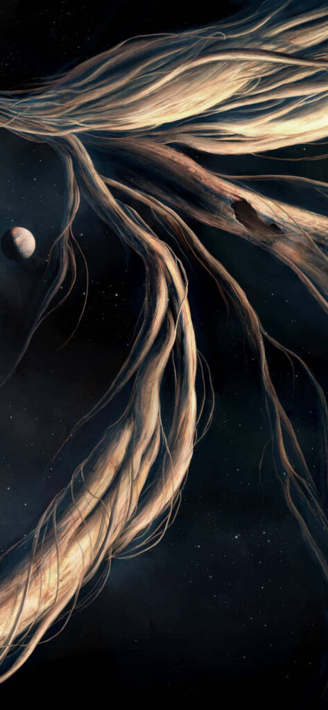 Mesmerizing Cosmic Wallpaper with Flowing Strands & Distant Planet