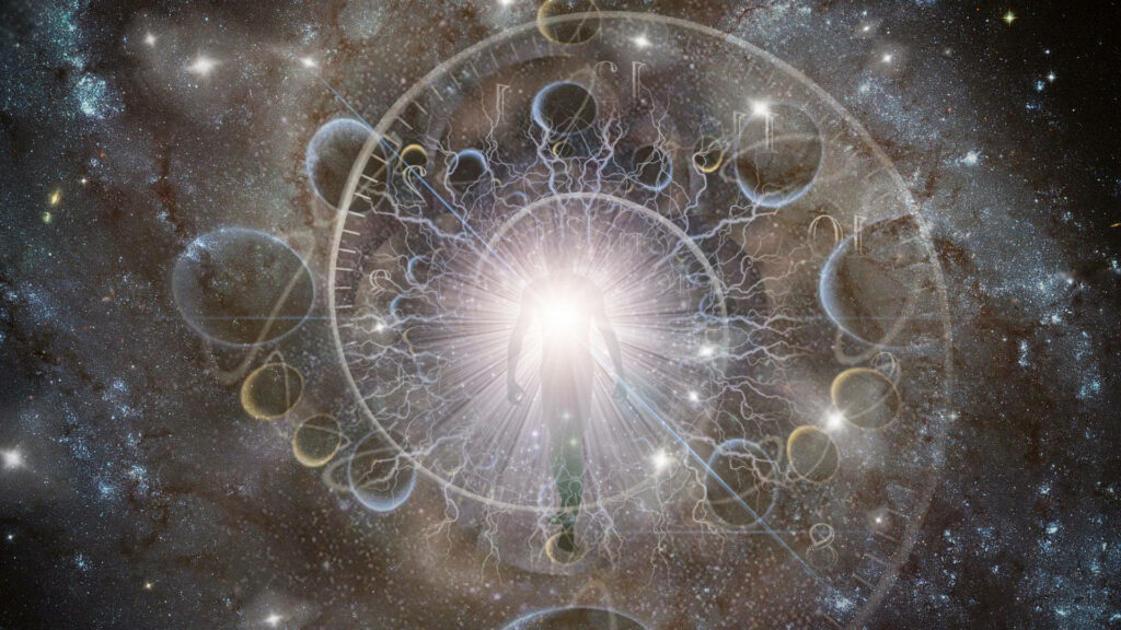 Cosmic Wonder Background: Luminous Figure Amidst Swirling Galaxies Wallpaper