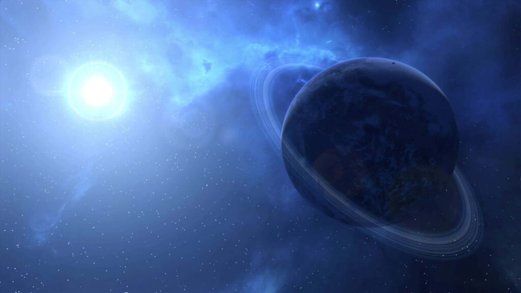 Cosmic animated wallpaper with radiant sun, glowing ringed planet, and starry space backdrop.