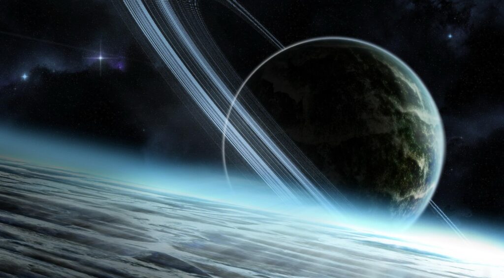Mesmerizing Cosmic Wallpaper: Planet, Rings & Glowing Nebula