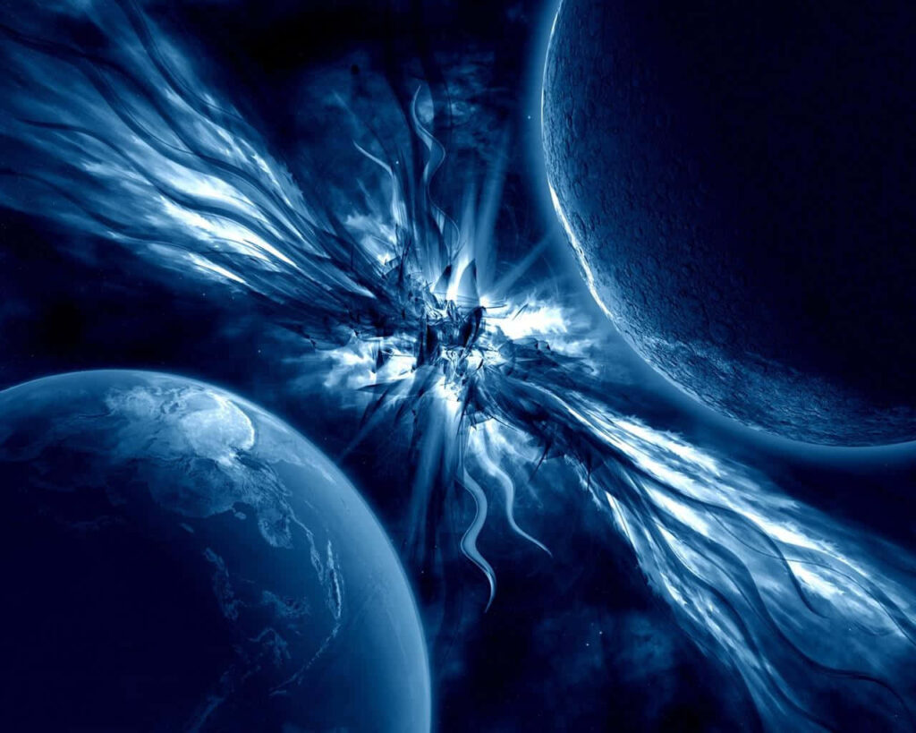 Vibrant cosmic wallpaper with two planets, blue energy bursts, and ethereal light trails.
