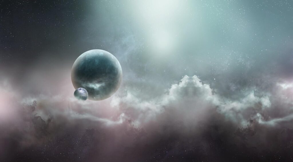 Stunning Cosmic Wallpaper: Nebula & Floating Planets in Starry Space