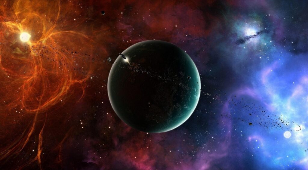 Mesmerizing Cosmic Wallpaper with Planet, Asteroids & Glowing Galaxies