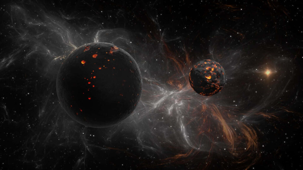Cosmic Dark Space Wallpaper: Two Planets & Swirling Energy