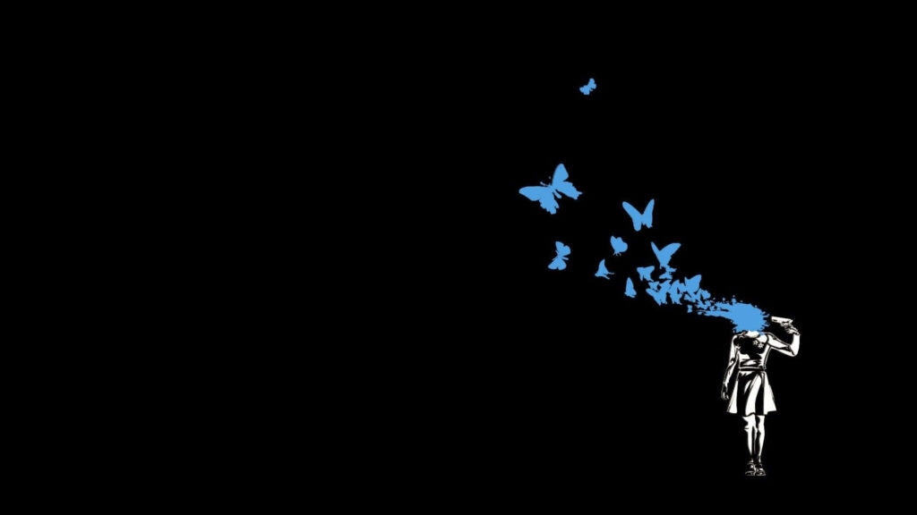 Elegant Dark Wallpaper with Luminous Blue Butterflies - Mystical Design