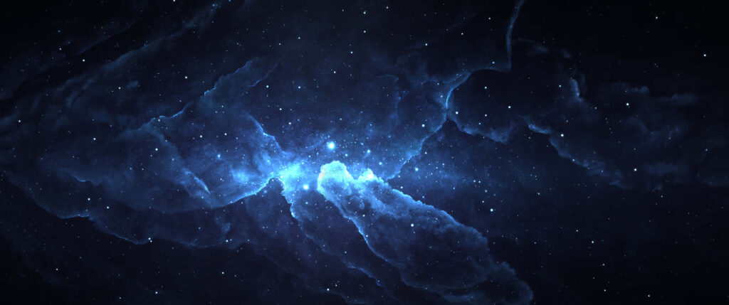 Vibrant cosmic nebula wallpaper featuring intricate clouds and radiant blue stars.