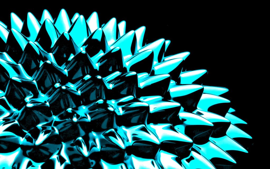 Futuristic cyan ferrofluid spiked ball glowing brightly on a pitch black abstract wallpaper background