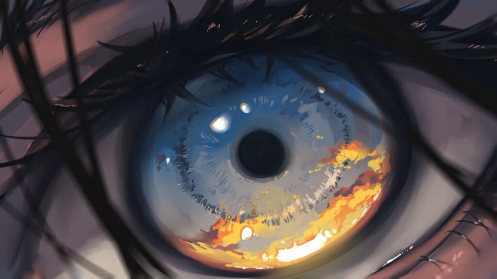 Close-up artistic eye wallpaper reflecting vibrant sunset with warm orange and blue hues detailed