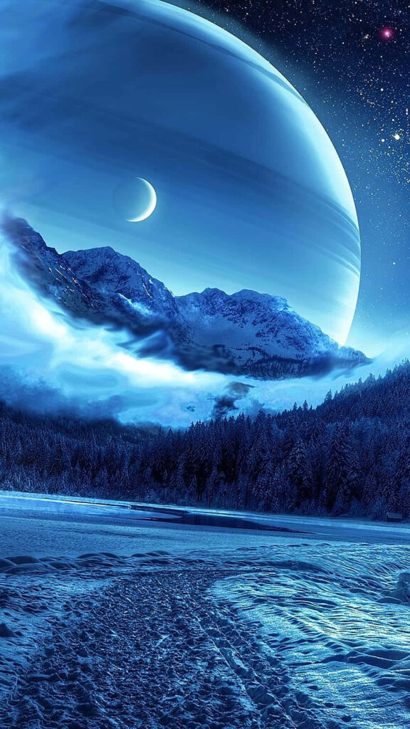Enchanting Winter Nightscape Wallpaper: Starry Sky & Massive Planet