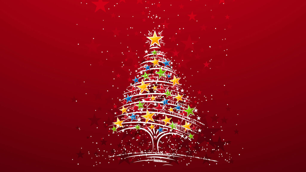 Festive Illumination: Vibrant Stars, Lines, and Circles Adorning Dark Red 8k Christmas Wallpaper