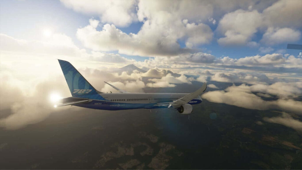 High-Flying Marvel: View of Boeing 747-8 Intercontinental Soaring Above Vast Fields in Microsoft Flight Simulator Wallpaper