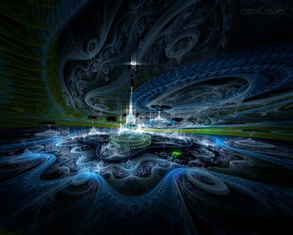 Mesmerizing Fractal City Wallpaper - Ethereal Dark Blue & Green Design