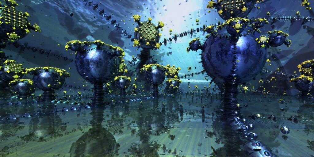 Mesmerizing Fractal Wallpaper: Dark Metallic Shapes & Reflections