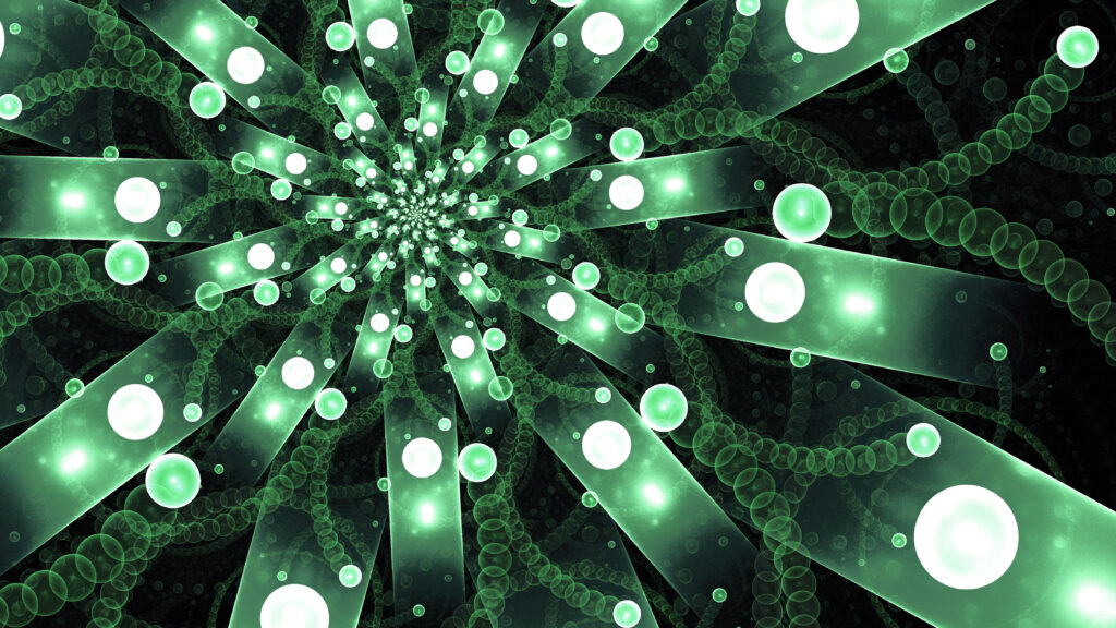 Mesmerizing Fractal Wallpaper: Green Ribbons & Luminous Circles
