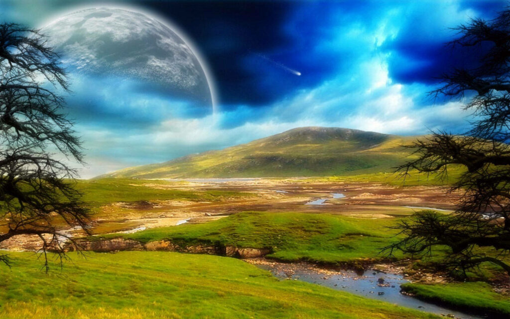 Serene Moonlit Wallpaper: Vibrant Night Sky Over Rolling Green Hills