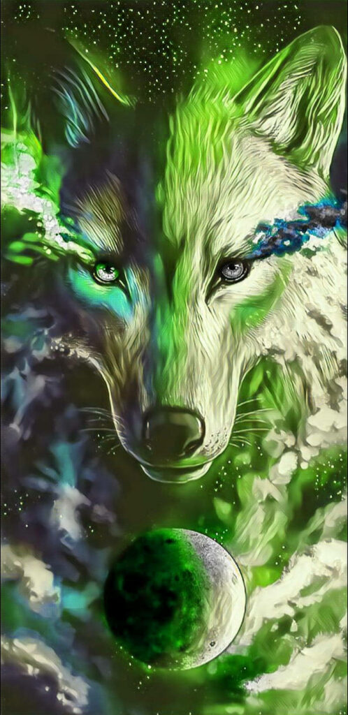 Mesmerizing Green Wolf Painting with Cosmic Galaxy Background Wallpaper