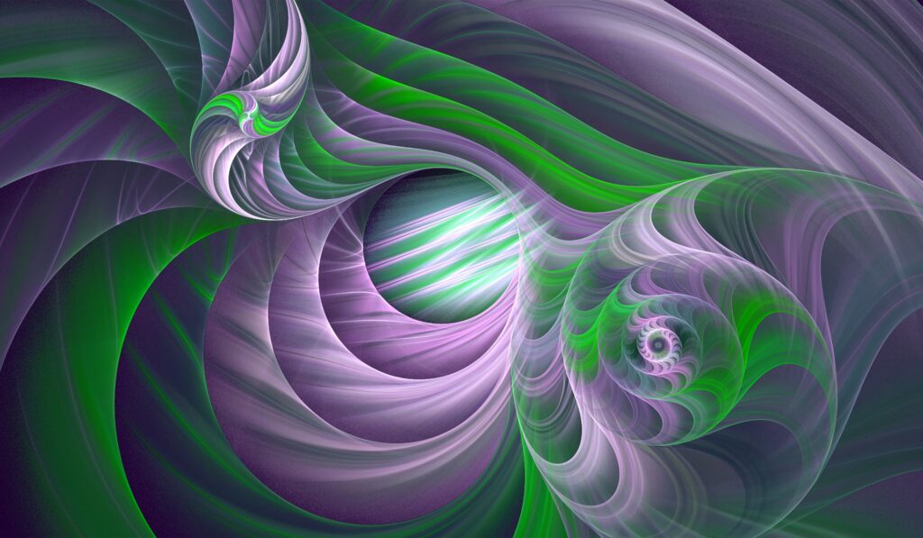 Mesmerizing Fractal Wallpaper: Swirling Green & Purple Design