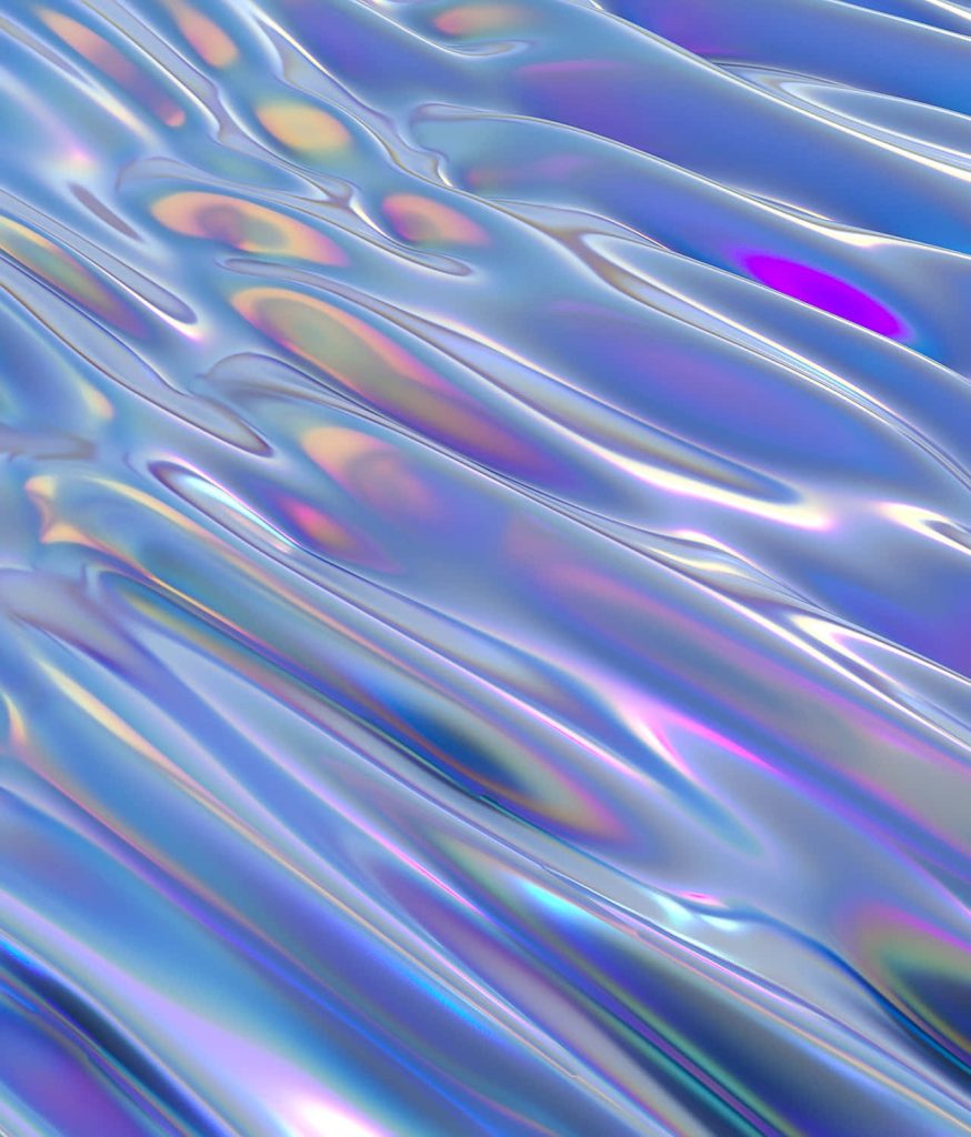 Holographic 3D abstract digital art with wavy metallic textures and iridescent blue purple hues Wallpaper