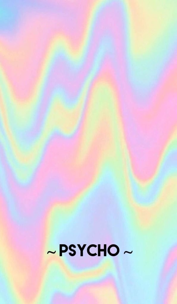 Holographic pastel rainbow wallpaper with wavy iridescent patterns and bold black PSYCHO text