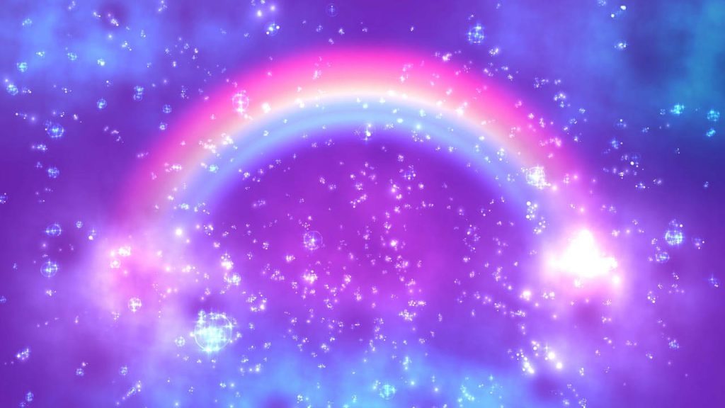 Holographic rainbow arch on purple blue nebula glitter background vibrant magical wallpaper