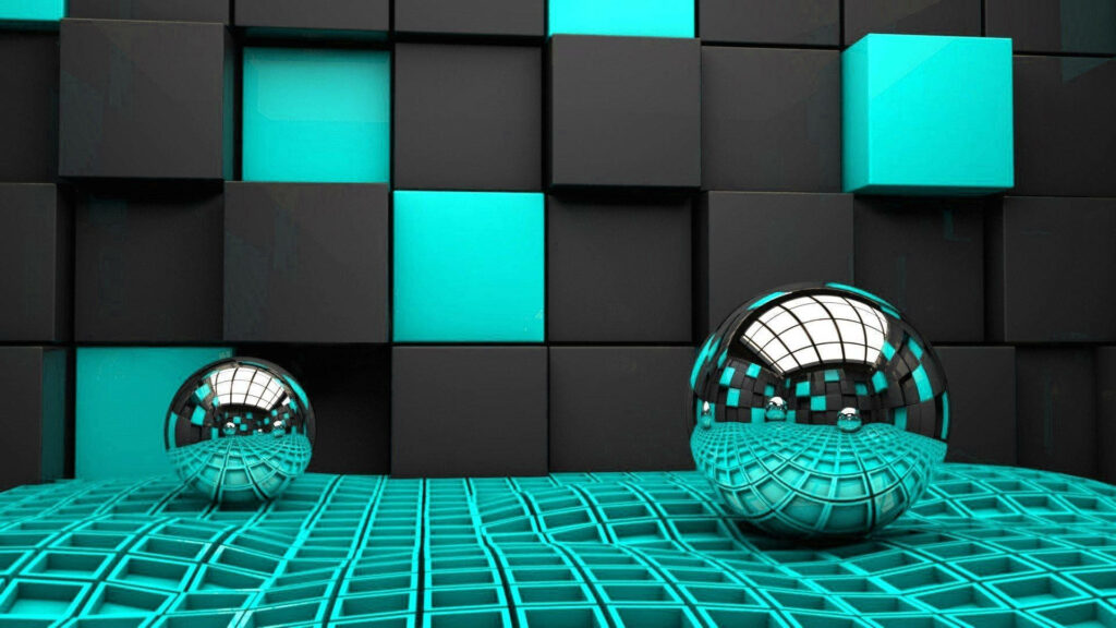 Abstract Elegance: A Harmonious Combination of Light Blue Squares and Silver Spheres on a Geometric Floor, Contrasted by an Artistic Wall Mosaic - Captivating 3D HD Background Image Wallpaper