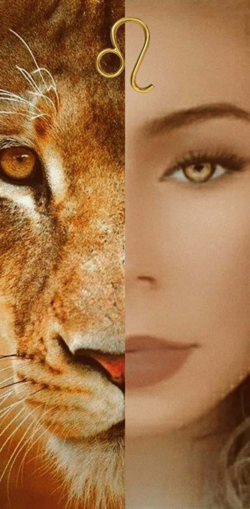 Leo wallpaper with split lion and woman face in warm tones and Leo zodiac symbol background