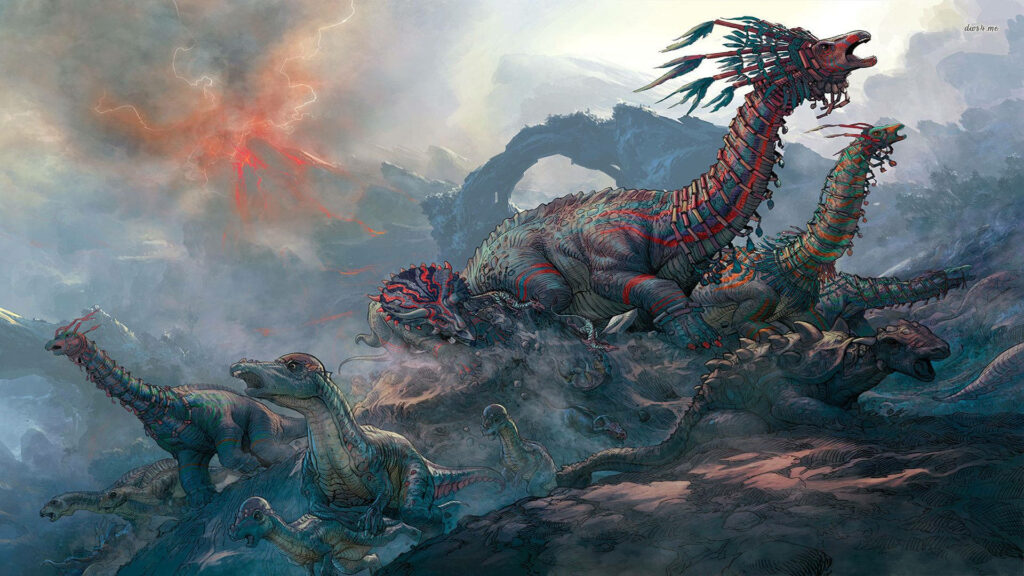 Mesmerizing Masterpiece: A Jaw-Dropping Dinosaur Artwork Exuding Vibrant Colors Wallpaper