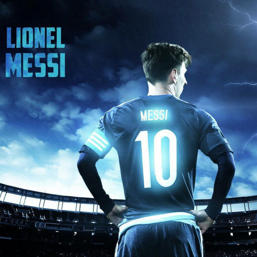 Mesmerizing Portrait: Lionel Messi, the Ultimate Soccer Legend, Donning his #10 Jersey against a Vibrant Blue Background Wallpaper