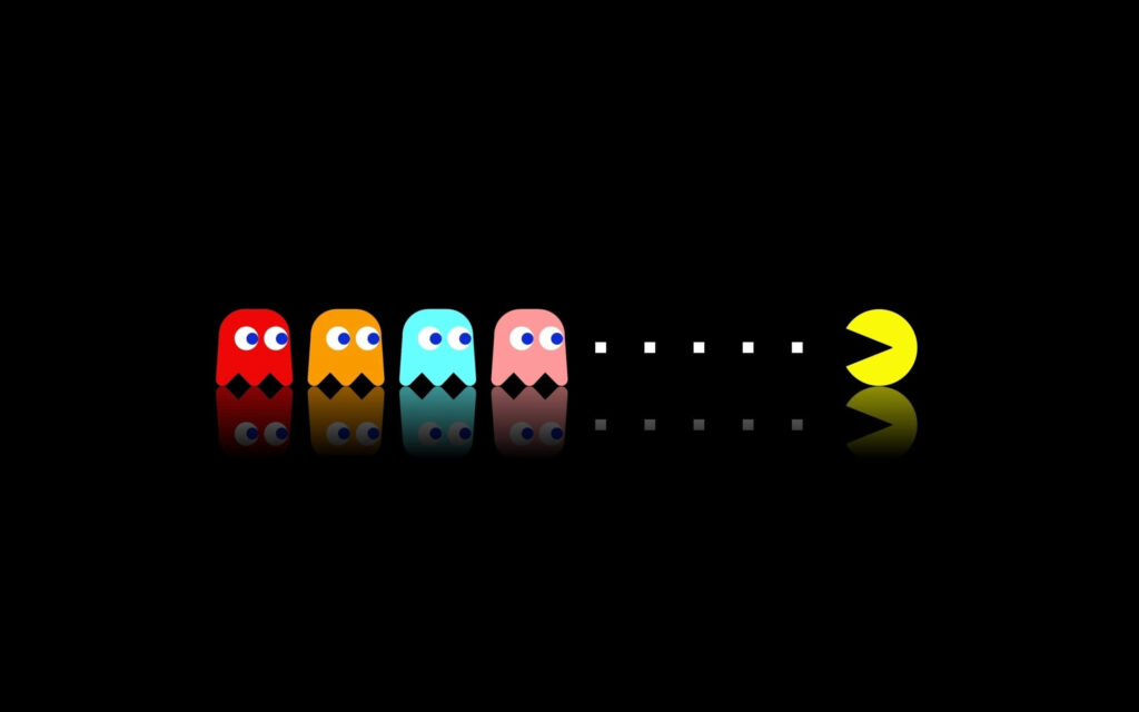 Minimalist Pac-Man Wallpaper: Iconic Game Characters on Black