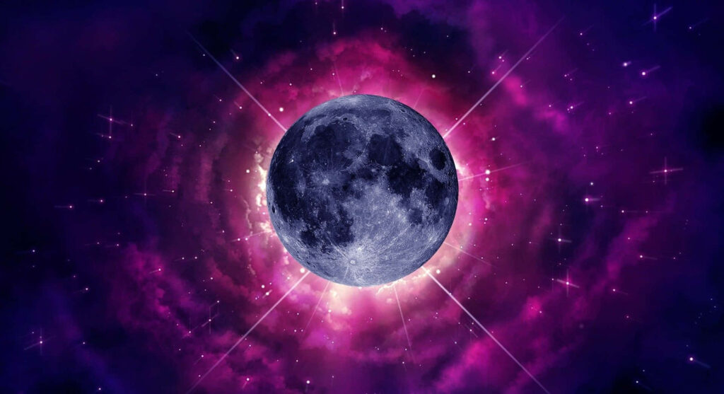 Mesmerizing Cosmic Wallpaper: Moon, Purple & Blue Hues, Sparkling Stars