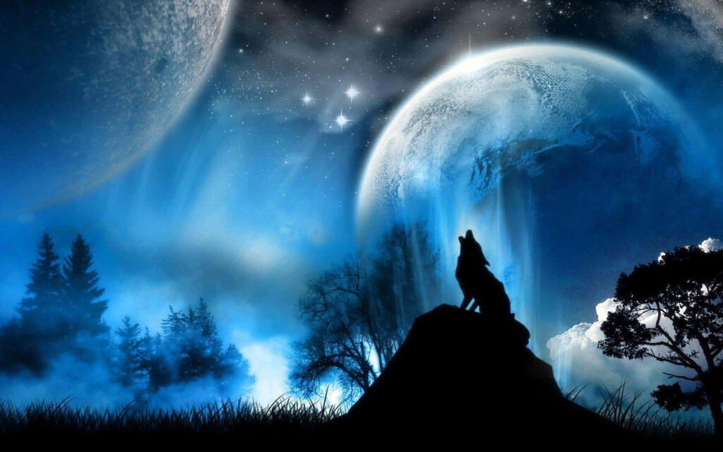 Enchanting Wolf Howling Under Moonlit Night Sky Wallpaper