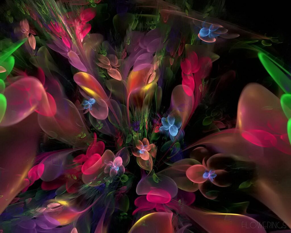 Mesmerizing Fractal Wallpaper: Colorful Flowers Amid Ethereal Swirls