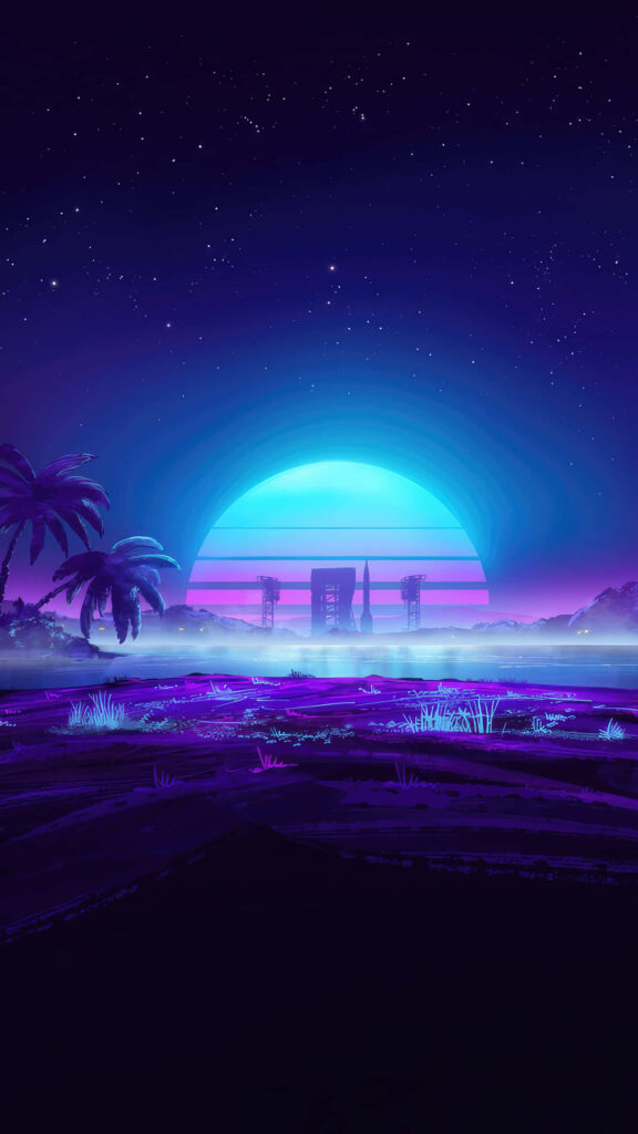 Futuristic Neon Wallpaper: Serene Landscape with Glowing Moon