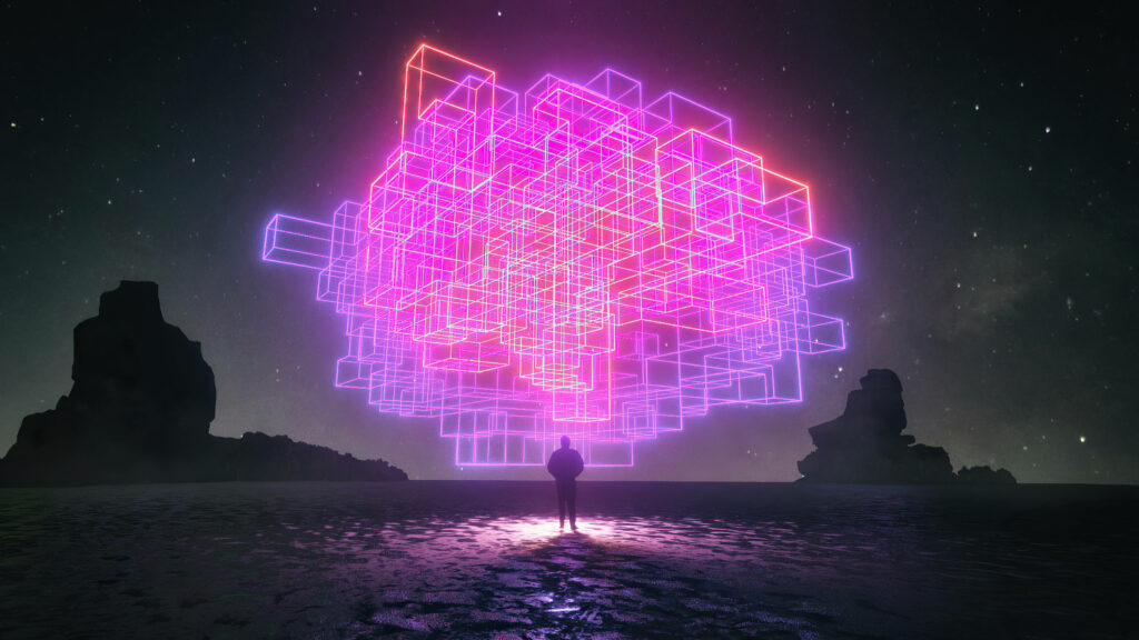 Neon Abstract Geometric Wallpaper Featuring Starry Background