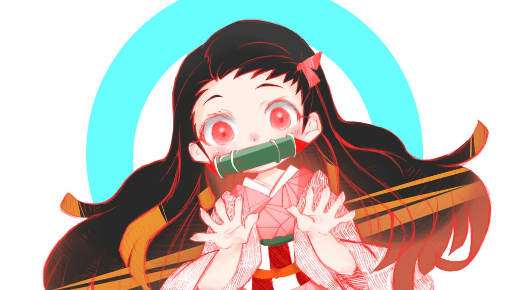 Enchanting Nezuko Kamado: The Fiery-eyed Slayer with Flowing Hair in an Ethereal Anime Setting Wallpaper