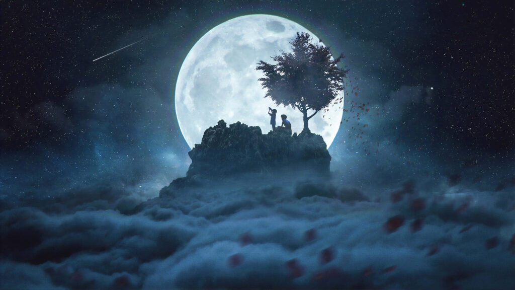 Serene Night Landscape Wallpaper: Glowing Moon & Dreamy Clouds