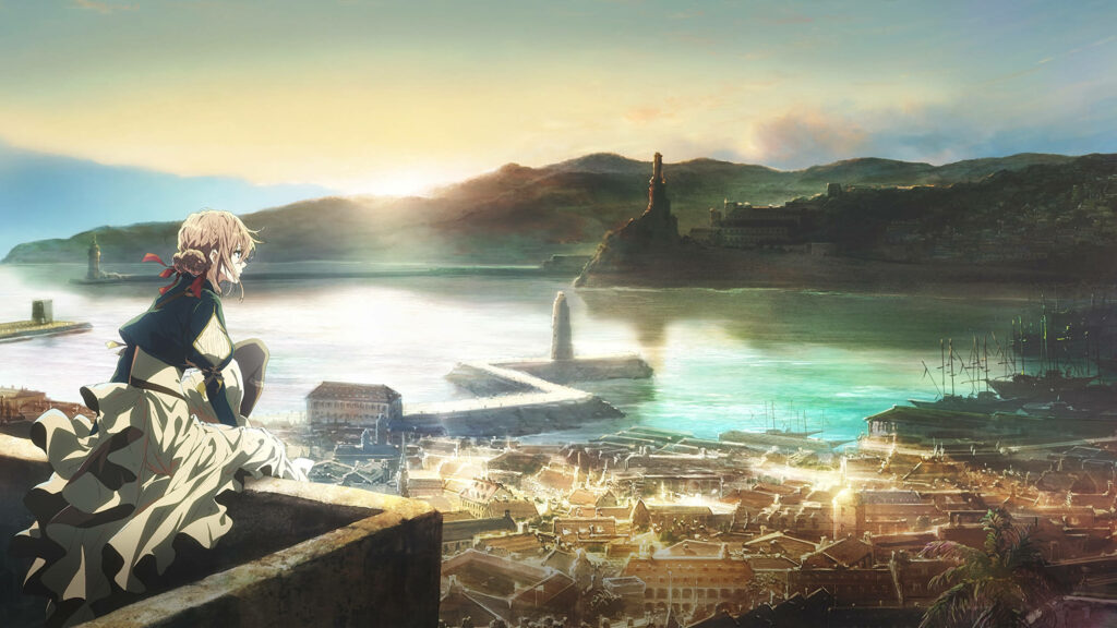 Violet Evergarden Contemplating Ocean View at Sunset Wallpaper