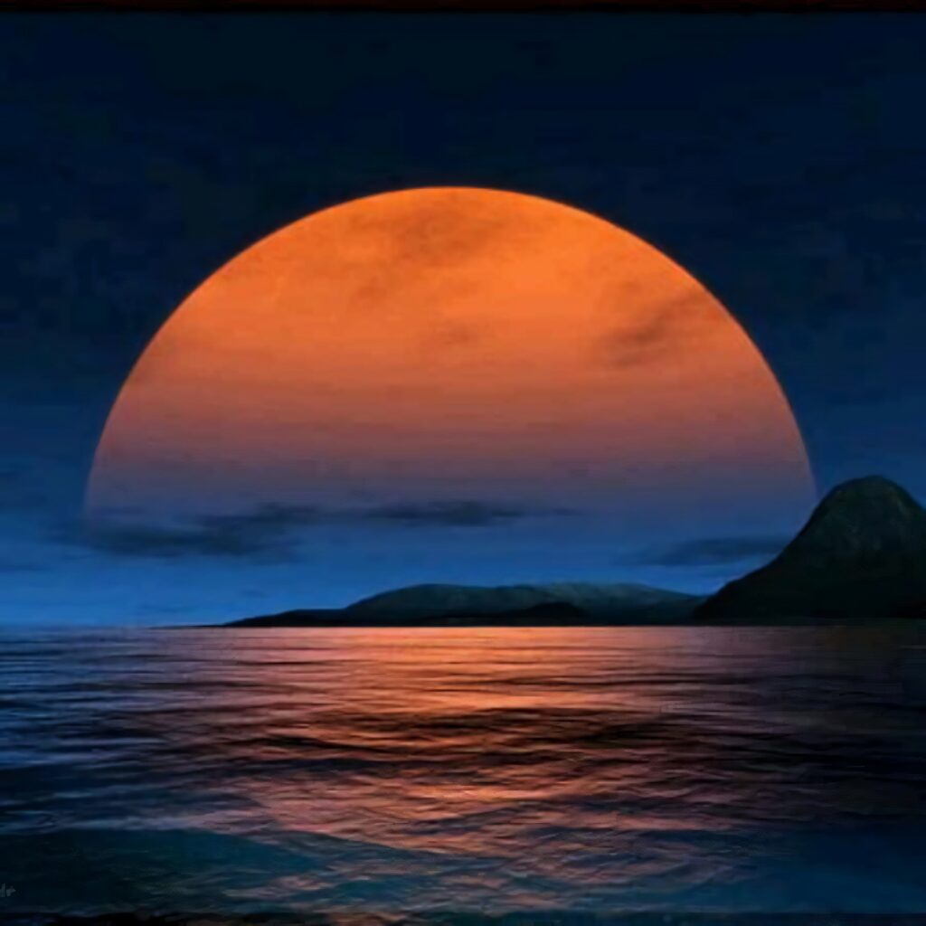 Stunning Wallpaper: Glowing Orange Moon Over Serene Ocean Night Sky