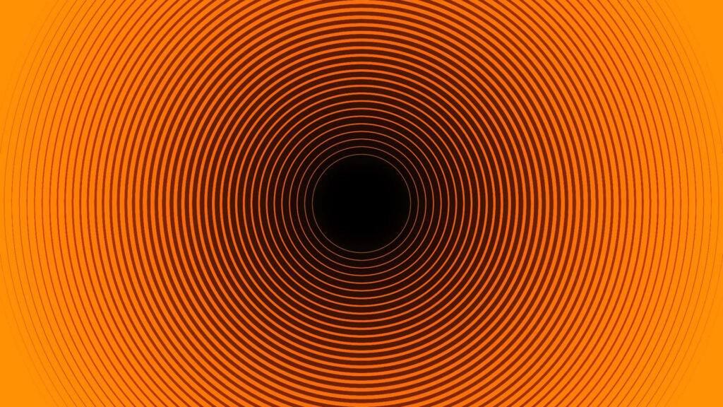 Orange swirling concentric circles radiating from dark center creating hypnotic optical illusion wallpaper