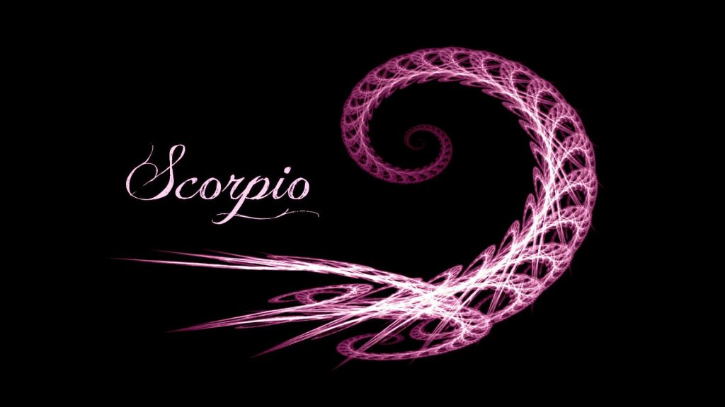 Scorpio zodiac wallpaper with pink glowing fractal stinger and elegant script on black background