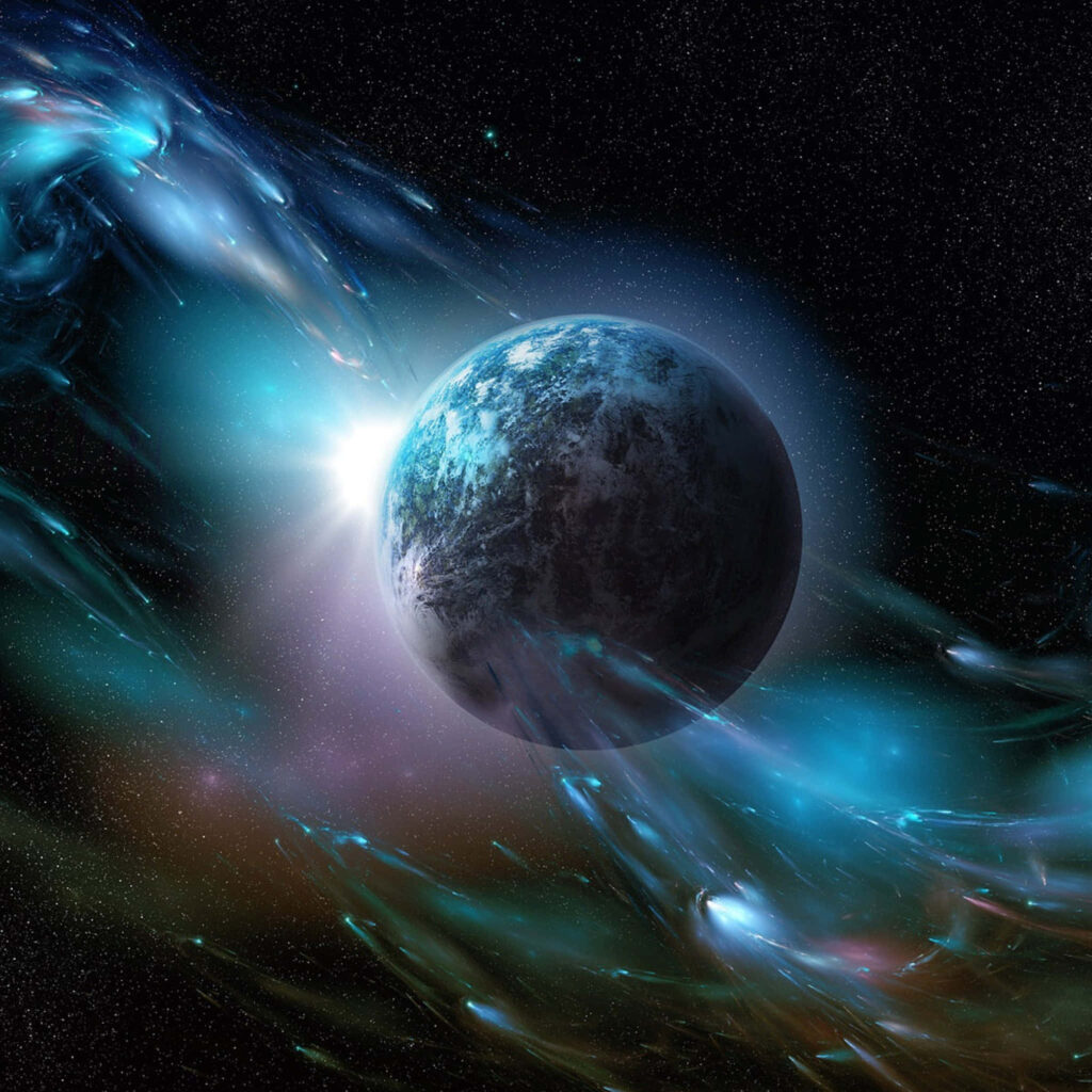 Cosmic wallpaper: Ethereal blue-green waves and starburst surrounding a mesmerizing planet.