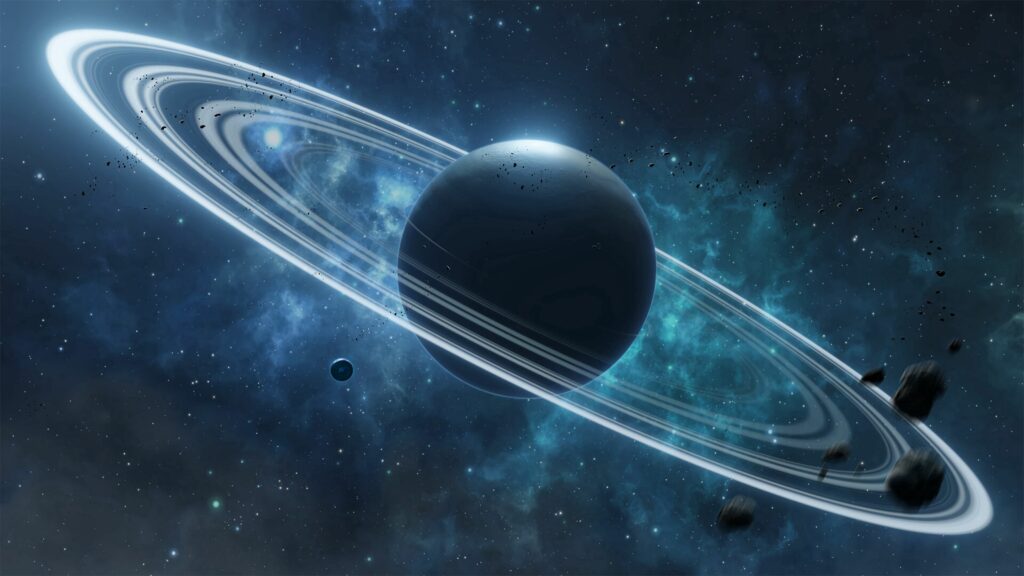 Mesmerizing Planet Wallpaper with Glowing Rings & Asteroids