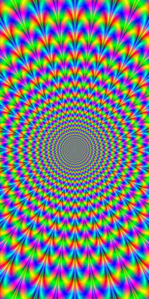 Psychedelic rainbow swirl optical illusion wallpaper with hypnotic rotating tunnel effect background