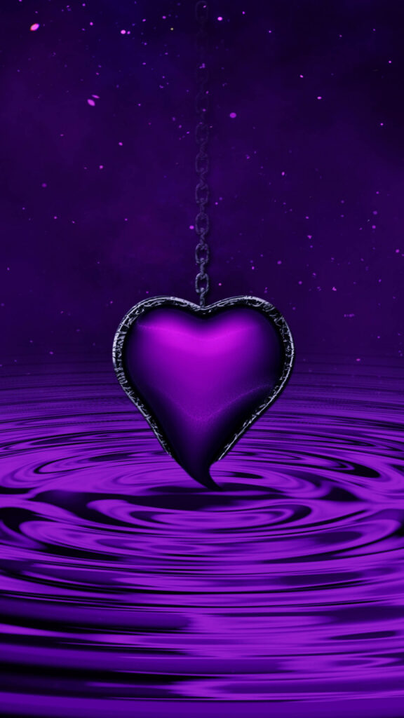 Glowing Purple Heart Wallpaper with Rippling Water & Cosmic Background