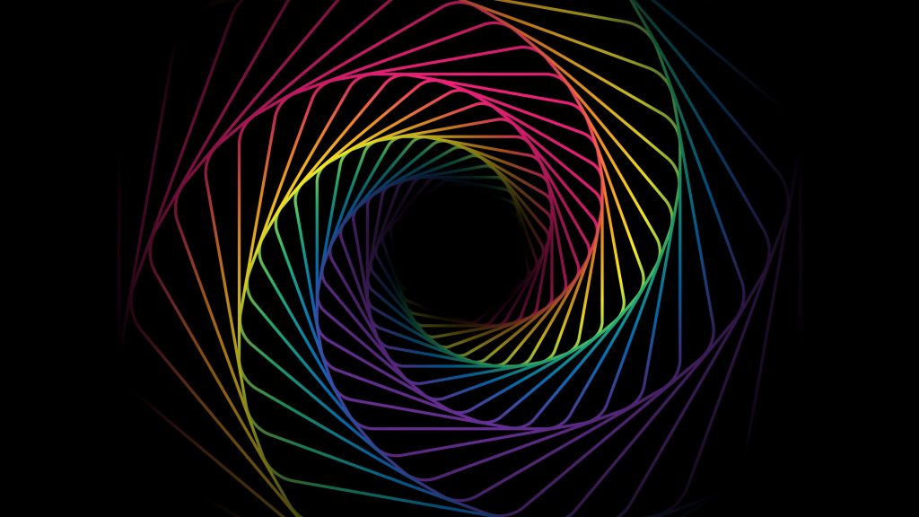 Vibrant rainbow geometric vortex with neon spirals drawing into deep black void digital art wallpaper