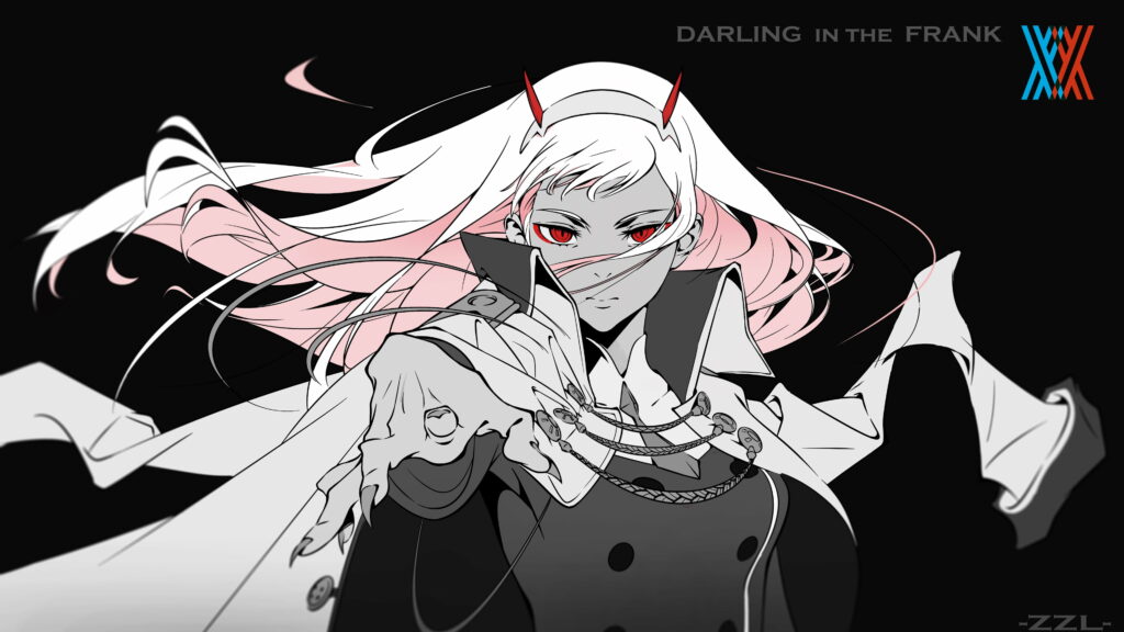 The Enchanting Gaze: Zero Two's Scarlet Eyes Illuminate the Darkness in this Mesmerizing 4K Anime Wallpaper