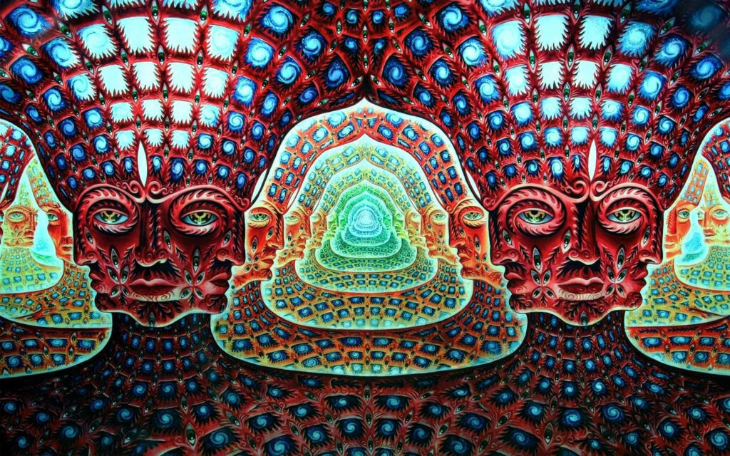 Vibrant and Mind-Bending: Psychedelic Artwork featuring Red Masked Statue Embracing a Kaleidoscope of Blue Square Patterns Wallpaper