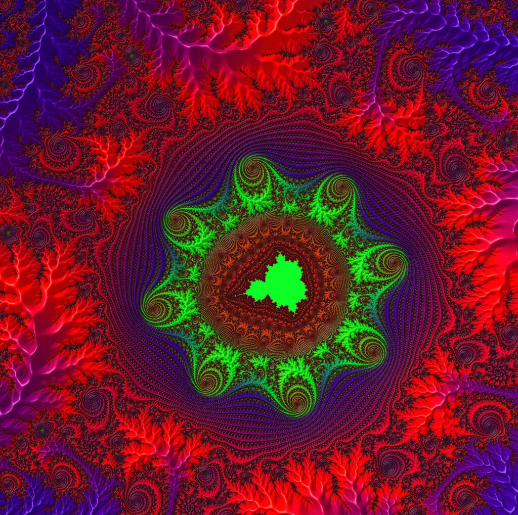 Vibrant Red & Green Fractal Wallpaper with Depth and Intricate Patterns